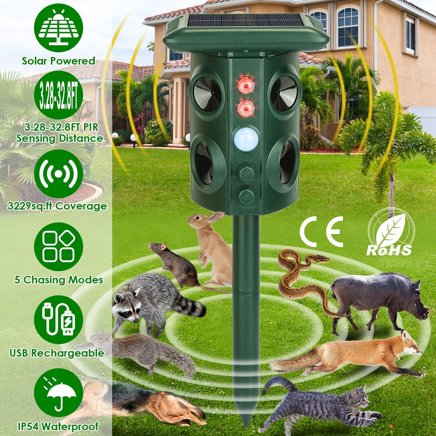 Solar Ultrasonic Animal Repeller Solar Powered Animal Repellent Chaser With PIR Motion Sensor IP54 Waterproof Sound Flashing Light For Deer Raccoon Squirrel Mice Snakes Cat Dog 9018880721116-1