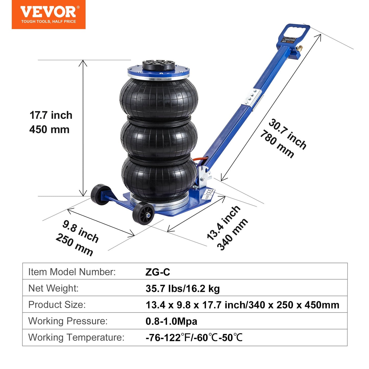 Air Jack, 3 Ton 6600 Lbs Triple Bag Air Jack, Airbag Jack With Six Steel Pipes, Lift Up, 3-5 S Fast Lifting Pneumatic Jack, With Adjustable Long Handles For Cars, Garages, Repair Blue 8922093060316-1