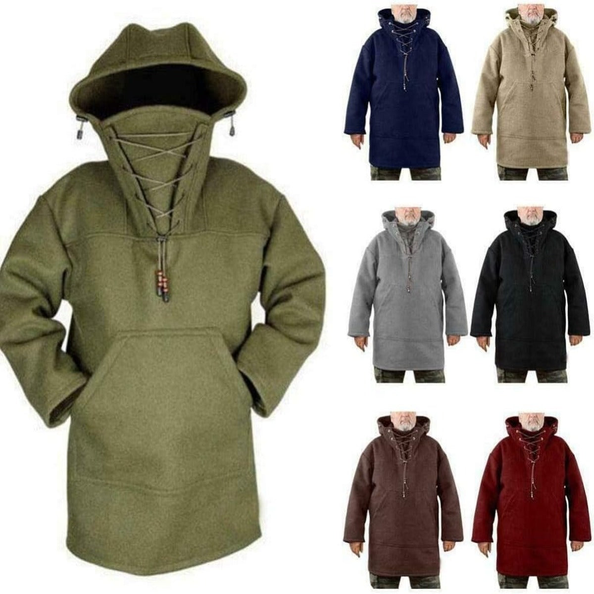 Men’s Wool Outdoor Jacket - Storm-Ready Insulated Anorak with Hood & Kangaroo Pocket