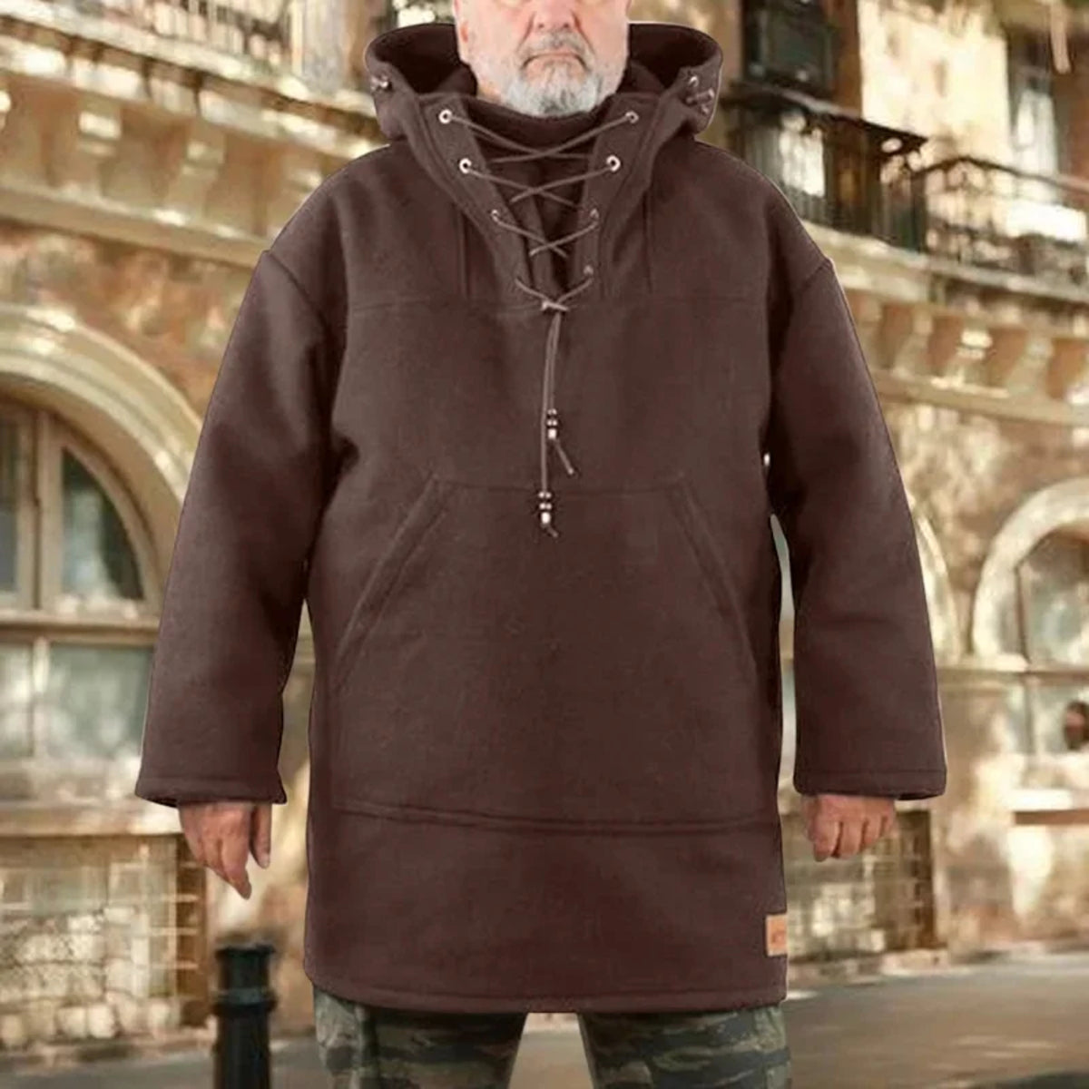 Men’s Wool Outdoor Jacket - Storm-Ready Insulated Anorak with Hood & Kangaroo Pocket