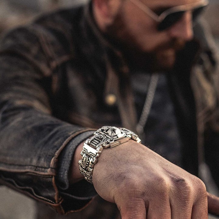 Skull Interlock Silver Bracelet Handmade Heavy Metal Gothic Warrior Design 9614411727150-1