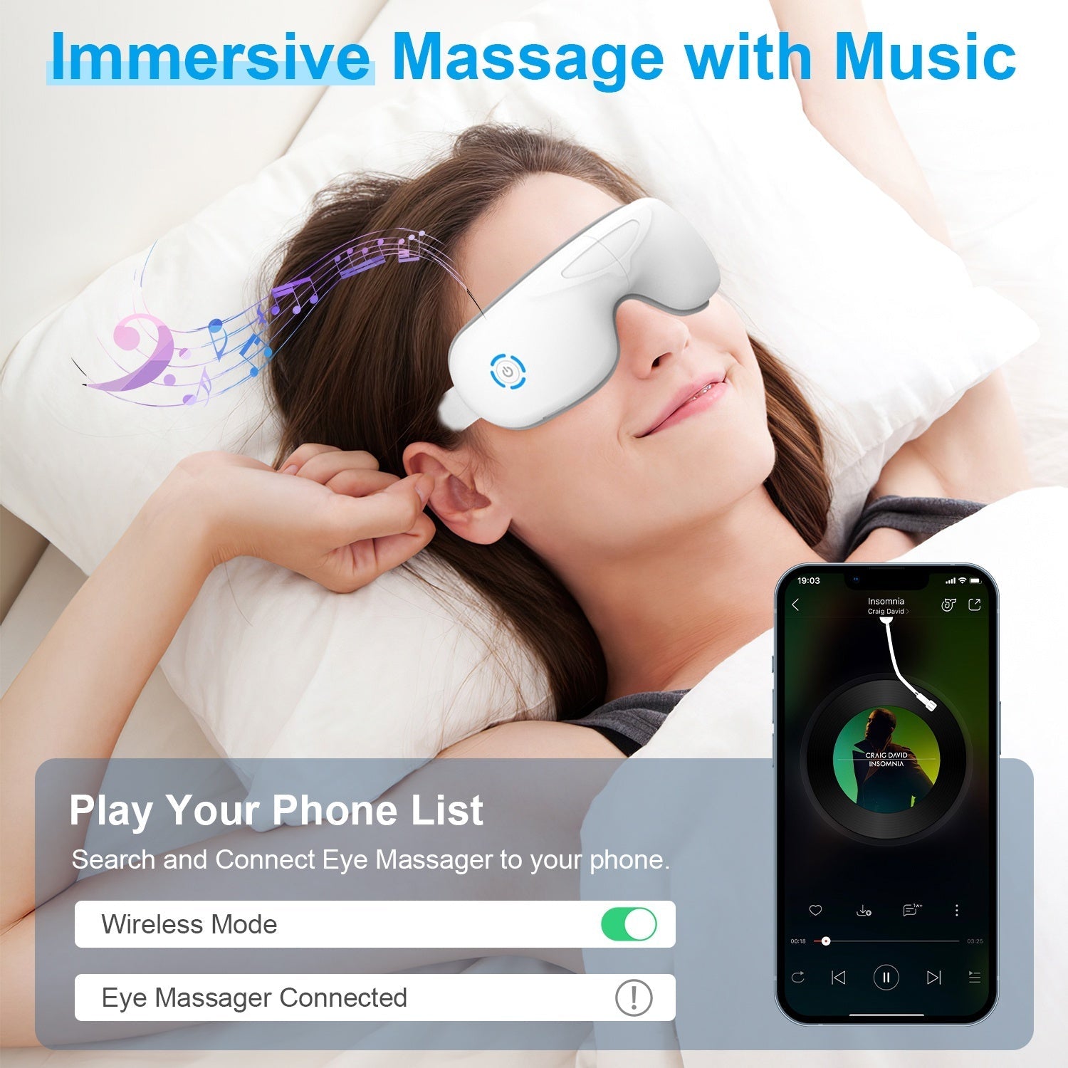 1Pc Eye Massager With Heat Music Air Pressure Vibration Massage Rechargeable For Men Women Elders Wireless Eye Mask 8998454853852-1
