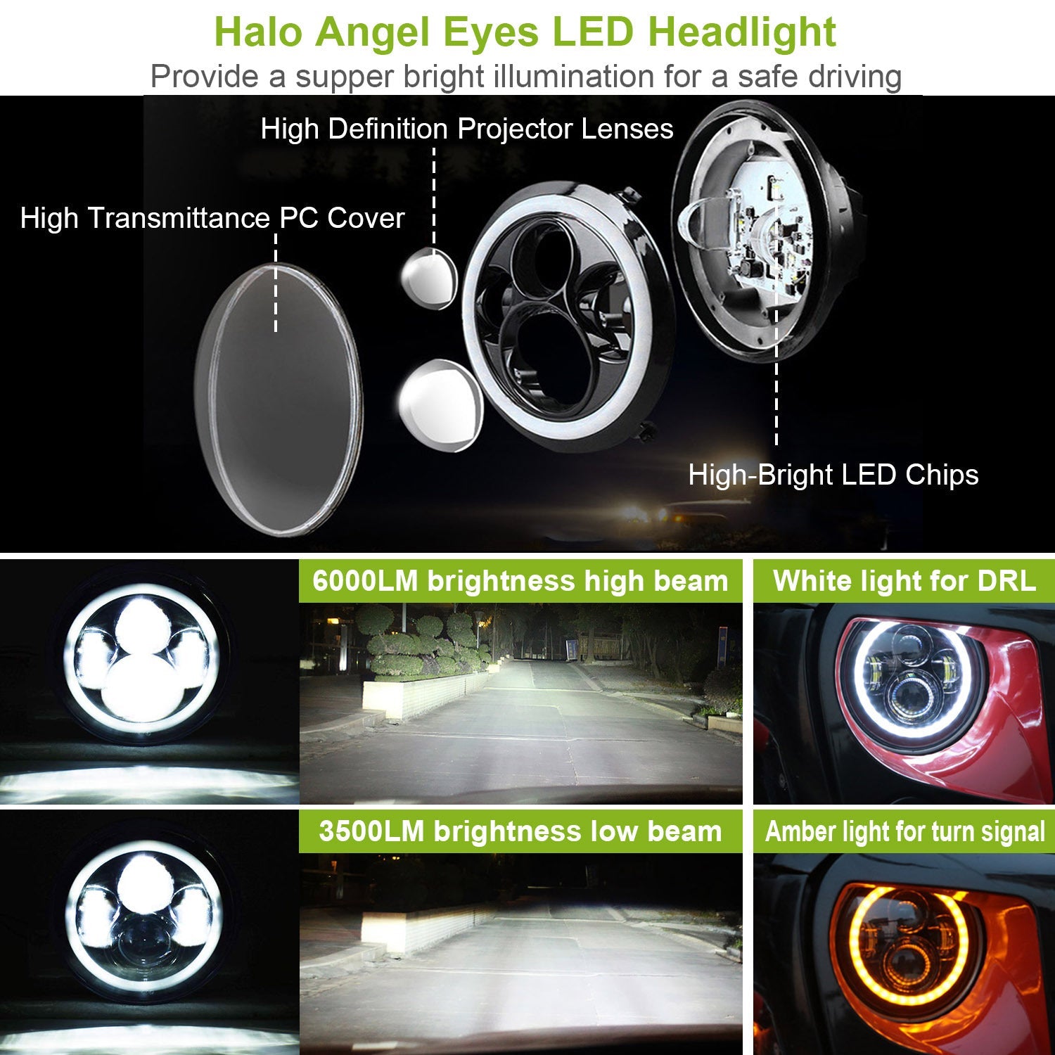2Pc 7in 6000LM Round LED Headlight Halo Angel Eyes For Jeep Wrangler TJ JK CJ With H4 To H13 Adapter Plug And Play 9013917745372-1