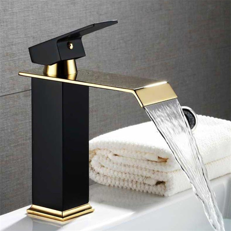 Hot And Cold Waterfall Basin Faucet - Brass Bathroom Tap In Gold And Black 9004851790126-1