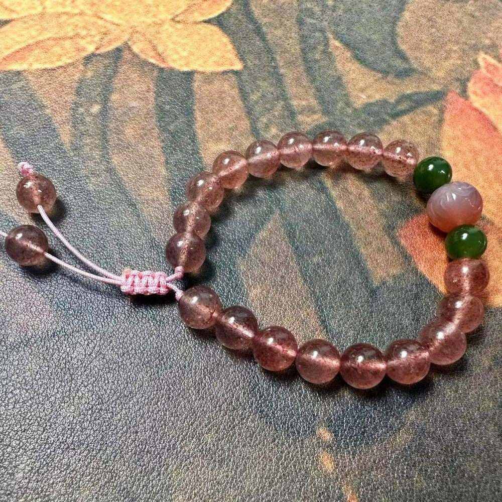 Handmade Natural Strawberry Quartz & Jade Adjustable Bracelet