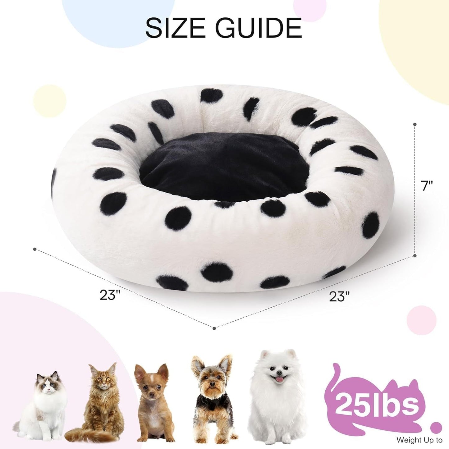 MEWOOFUN Donut Cat Bed For Indoor Cats - 23 Inch Round Washable Pet Bed With Non-Slip Bottom, Plush Fluffy Small Dog Bed For Puppies & Kittens, Black Dot 8942714224860-1