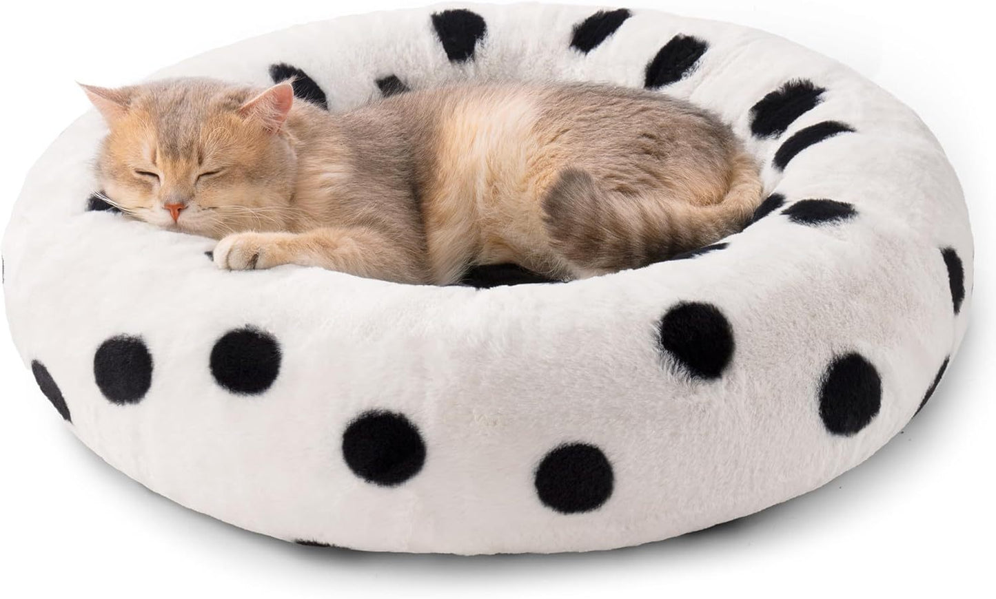 MEWOOFUN Donut Cat Bed For Indoor Cats - 23 Inch Round Washable Pet Bed With Non-Slip Bottom, Plush Fluffy Small Dog Bed For Puppies & Kittens, Black Dot 8942714224860-1