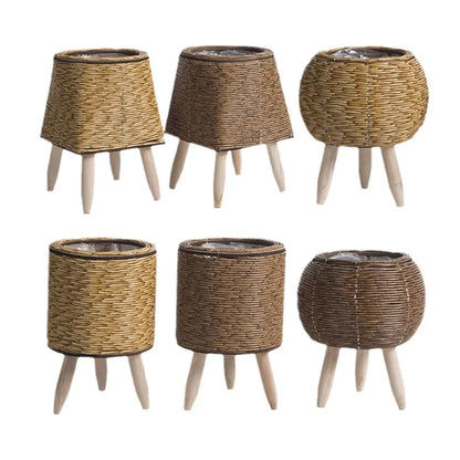 Vintage Imitation Rattan Flower Stand With Wooden Legs 14815605260614-1