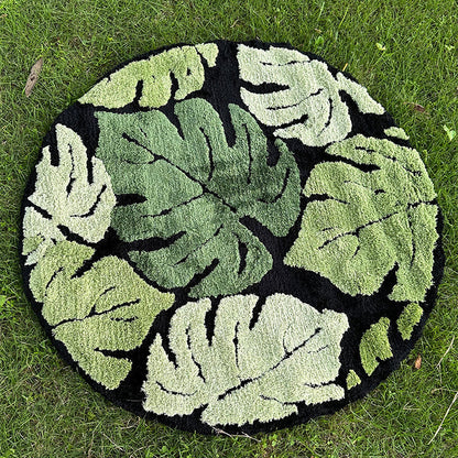 Round Green Monstera Leaf Plush Rug 14815613059398-1
