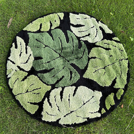 Round Green Monstera Leaf Plush Rug 14815613059398-1