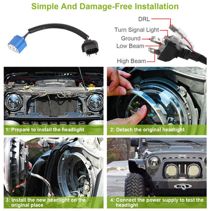 2Pc 7in 6000LM Round LED Headlight Halo Angel Eyes For Jeep Wrangler TJ JK CJ With H4 To H13 Adapter Plug And Play 9013917745372-1