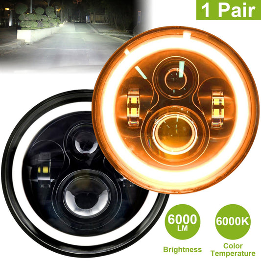 2Pc 7in 6000LM Round LED Headlight Halo Angel Eyes For Jeep Wrangler TJ JK CJ With H4 To H13 Adapter Plug And Play 9013917745372-1