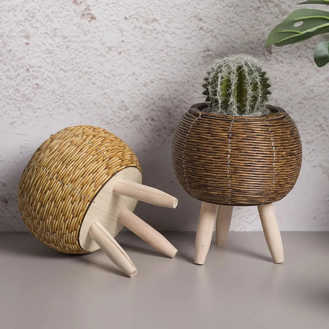 Vintage Imitation Rattan Flower Stand With Wooden Legs 14815605260614-1