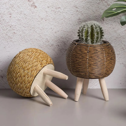 Vintage Imitation Rattan Flower Stand With Wooden Legs 14815605260614-1