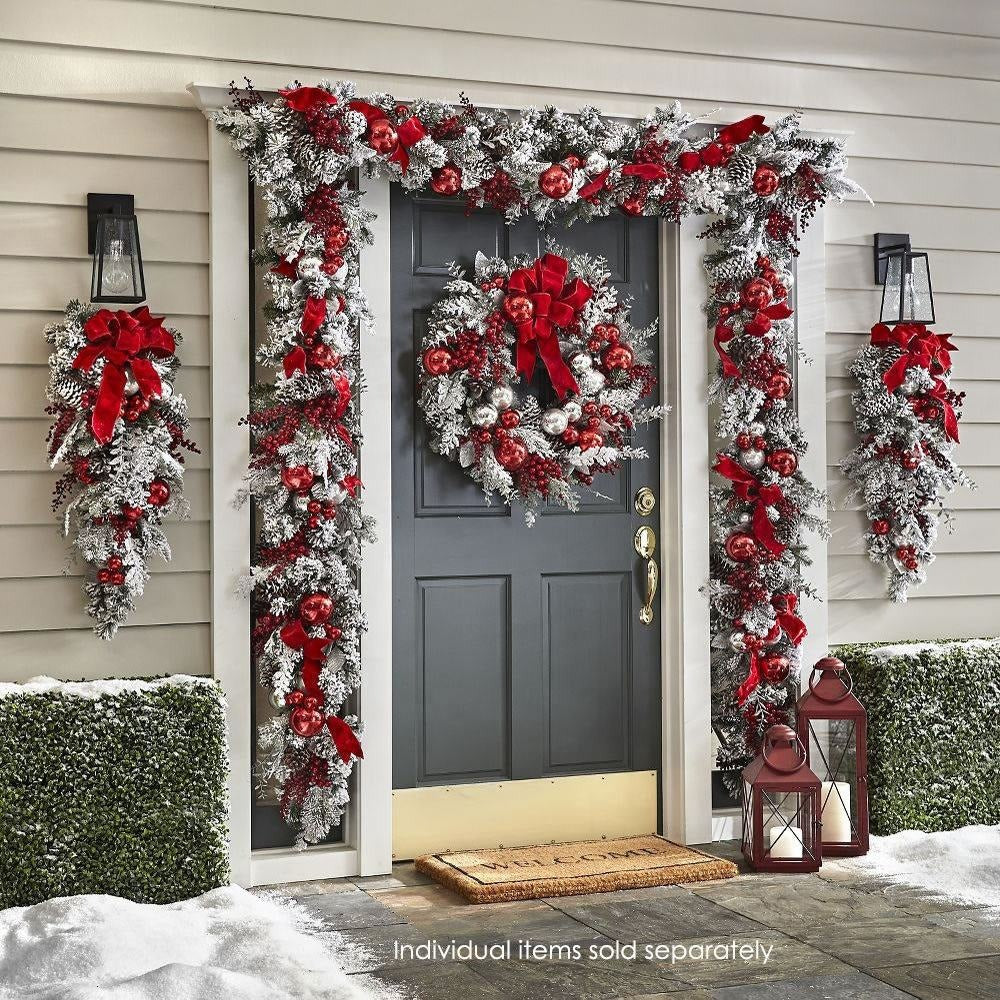 The Cordless Prelit Red And White Holiday Trim - Christmas Flocking Flower Garland Door