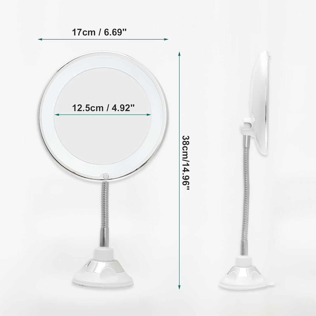 Flexible Gooseneck Makeup Mirror - 10X Magnifying Vanity Mirror with Suction Cup, 360 Degree Swivel, Daylight, Battery Operated, Cordless & Travel Mirror