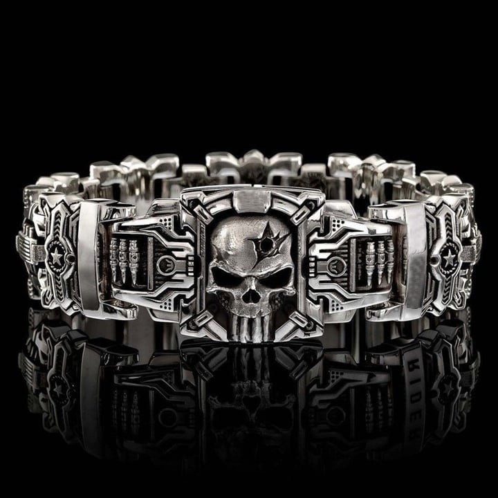 Skull Interlock Silver Bracelet Handmade Heavy Metal Gothic Warrior Design 9614411727150-1
