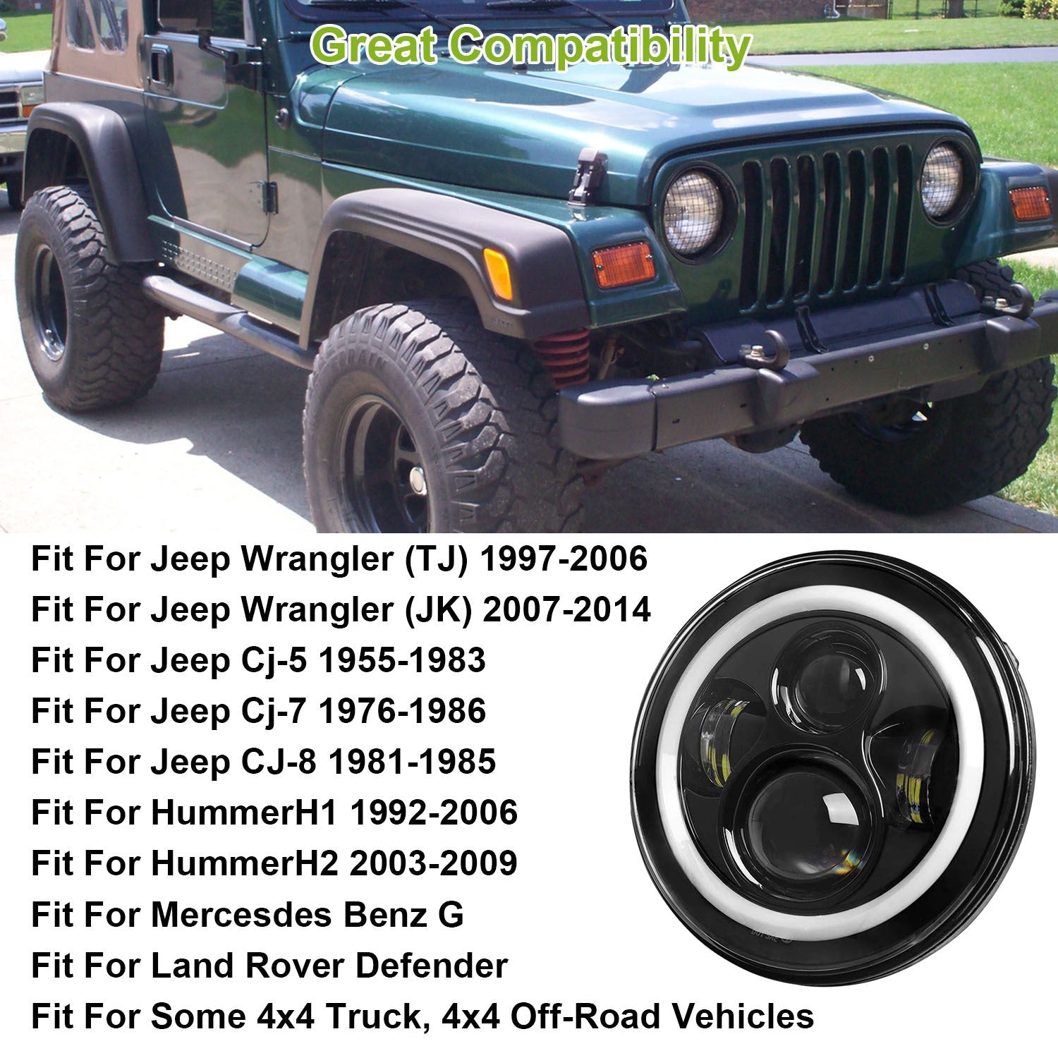 2Pc 7in 6000LM Round LED Headlight Halo Angel Eyes For Jeep Wrangler TJ JK CJ With H4 To H13 Adapter Plug And Play 9013917745372-1