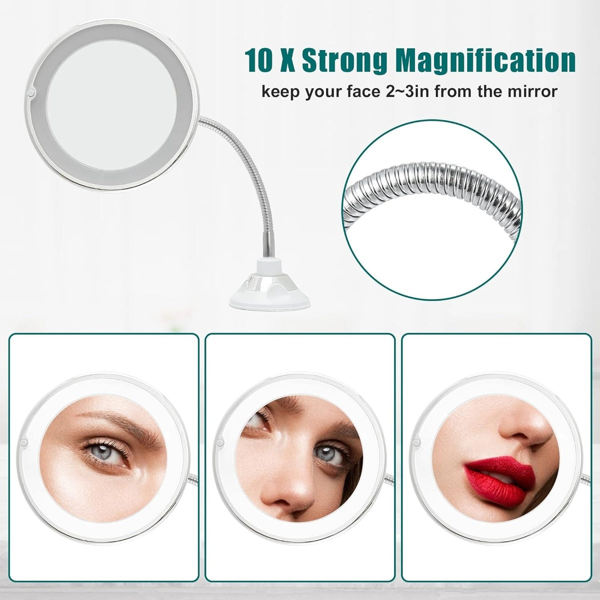 Flexible Gooseneck Makeup Mirror - 10X Magnifying Vanity Mirror with Suction Cup, 360 Degree Swivel, Daylight, Battery Operated, Cordless & Travel Mirror