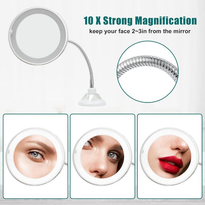 Flexible Gooseneck Makeup Mirror - 10X Magnifying Vanity Mirror with Suction Cup, 360 Degree Swivel, Daylight, Battery Operated, Cordless & Travel Mirror