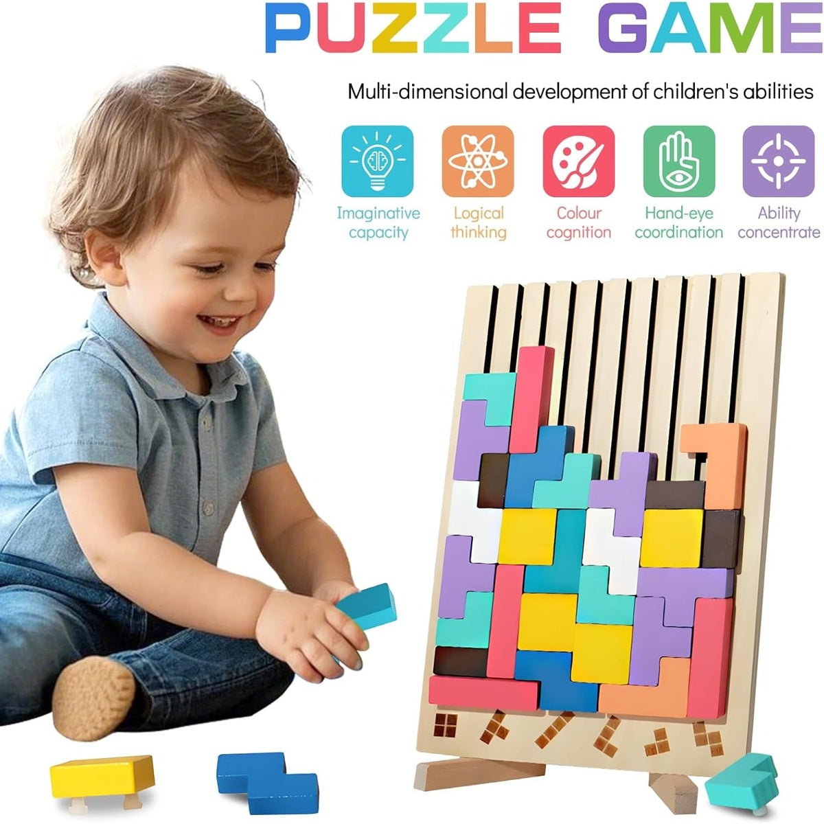 Wooden Tetris Puzzle Toy for Creative Thinking and Shape Recognition