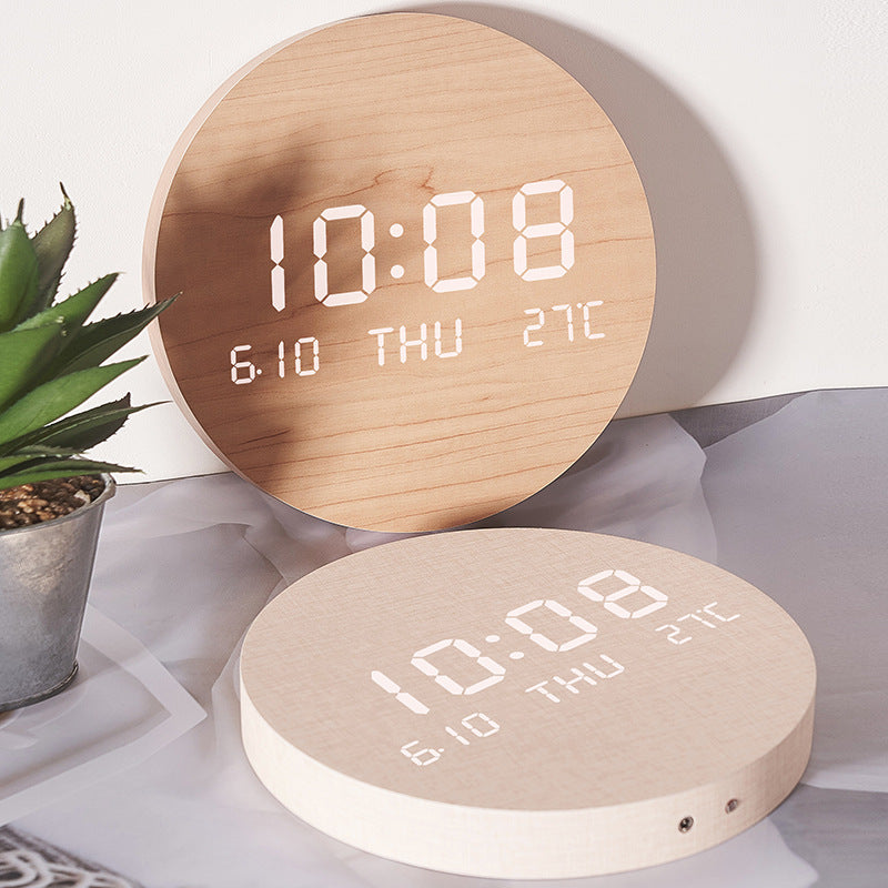 Led Wooden Wall Clock With Temperature Display, Silent Nordic Style 14815612272966-1