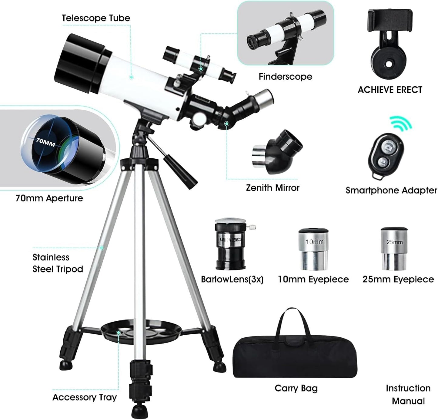 Astronomical Refracting Telescope Suitable For Children, Adults And Beginners, Multi-coated And Wireless Remote Control 9005139689692-1