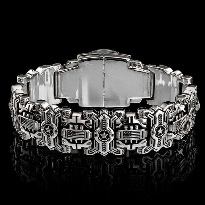 Skull Interlock Silver Bracelet Handmade Heavy Metal Gothic Warrior Design 9614411727150-1