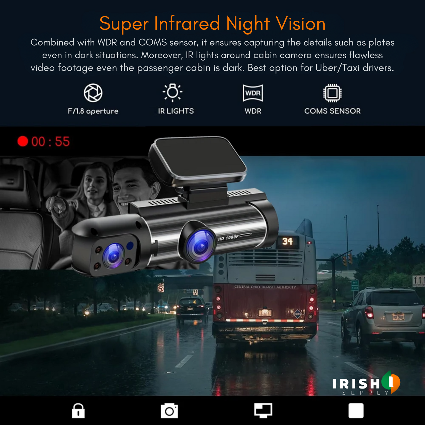 Claritypro Dual 1080P Car Dash Cam - Front & Cabin Video Recorder 10038364504410-1