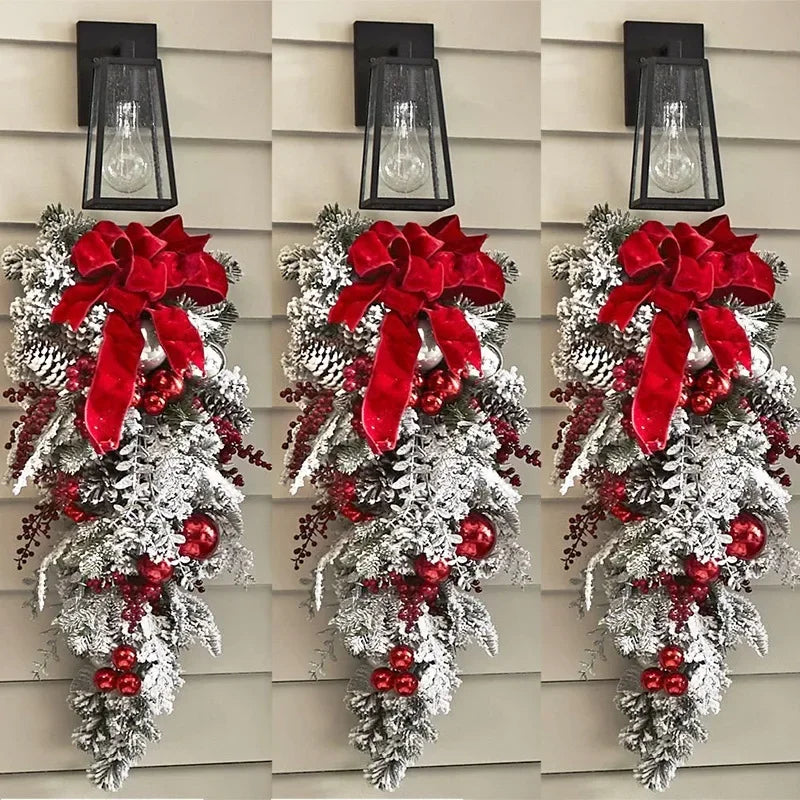 The Cordless Prelit Red And White Holiday Trim - Christmas Flocking Flower Garland Door