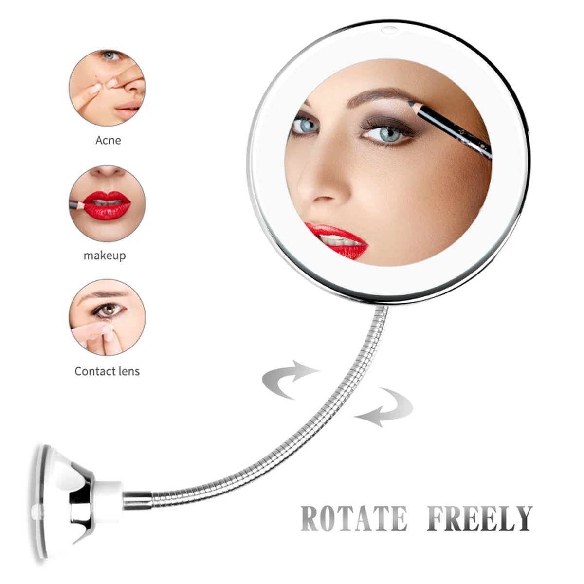 Flexible Gooseneck Makeup Mirror - 10X Magnifying Vanity Mirror with Suction Cup, 360 Degree Swivel, Daylight, Battery Operated, Cordless & Travel Mirror