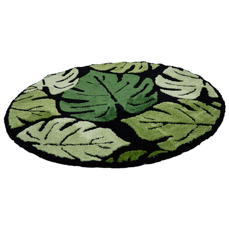 Round Green Monstera Leaf Plush Rug 14815613059398-1