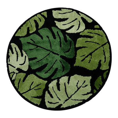 Round Green Monstera Leaf Plush Rug 14815613059398-1