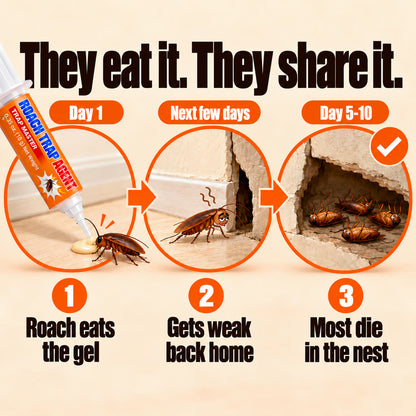 Roach eats the gel bait on day 1, gets weak back home over the next few days, and most die in the nest by day 5 to 10