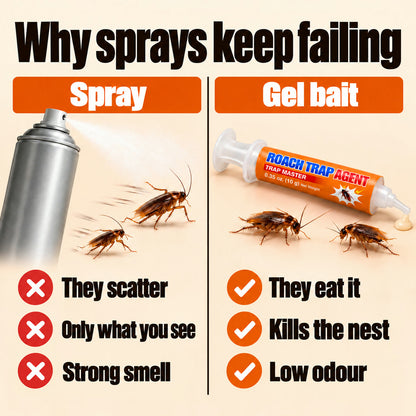 Why sprays keep failing: sprays make roaches scatter, gel bait gets eaten and kills the nest