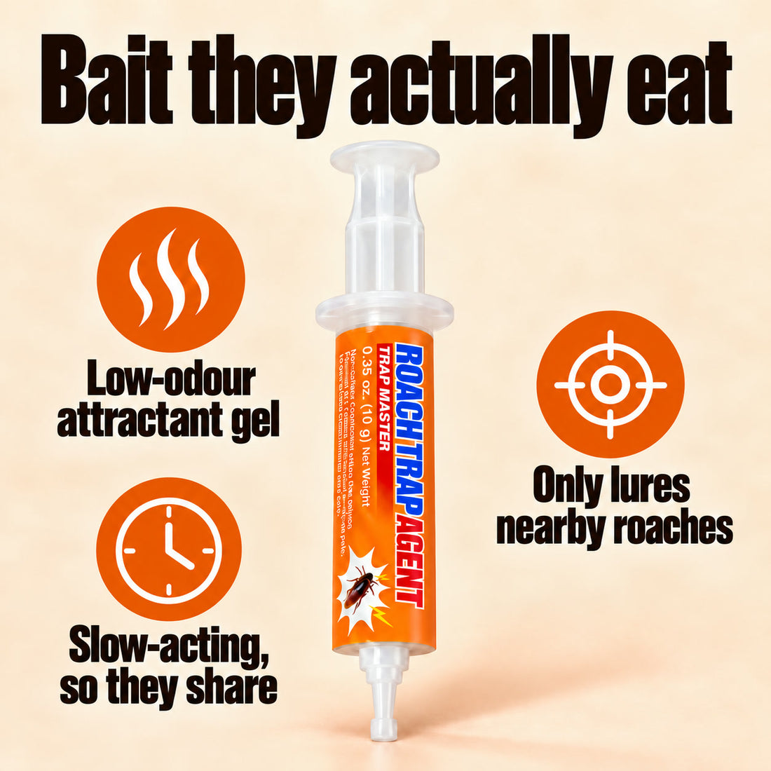 Cockroach gel bait syringe with callouts: low-odour attractant gel, slow-acting so roaches share it, only lures nearby roaches