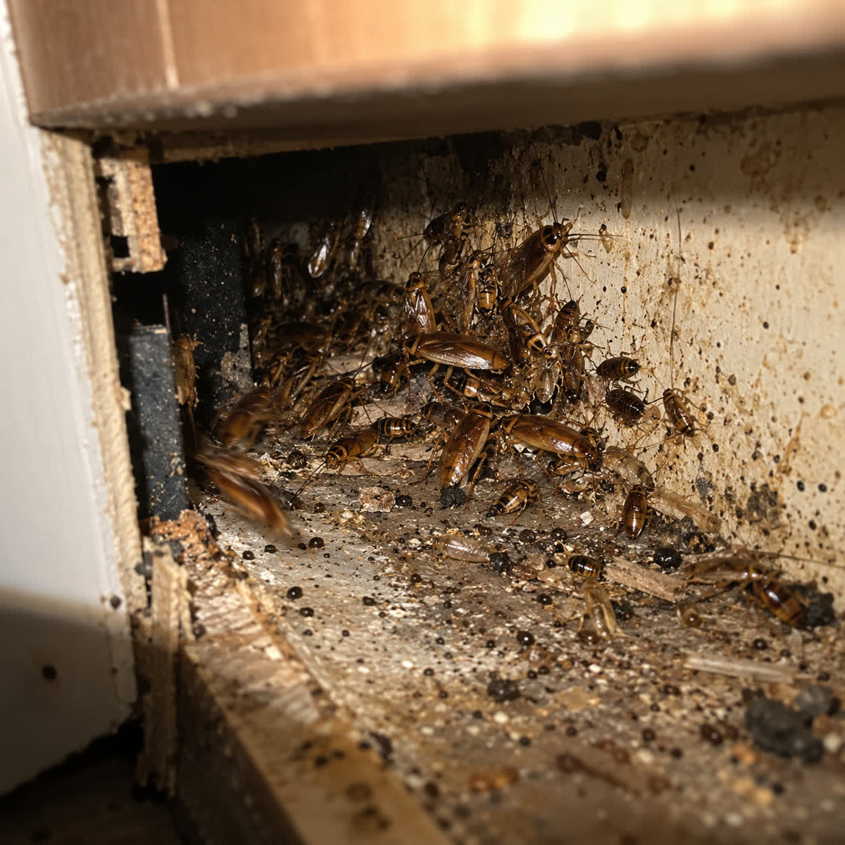 A live roach nest in the gap under a kitchen cabinet, lit by a phone flashlight