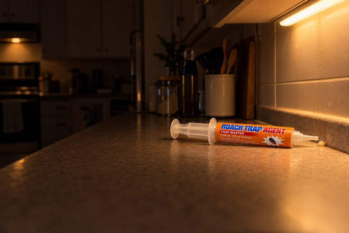 Roach gel bait syringe on a kitchen counter at night, one pea-sized dot of gel in the gap by the wall