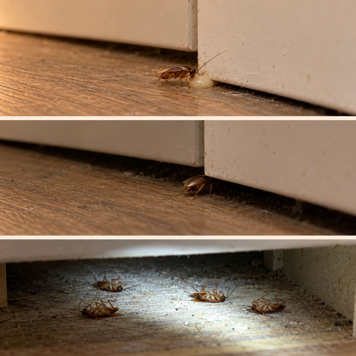 A roach eats the gel dot, walks back under the cabinet, then dead roaches lie inside the gap