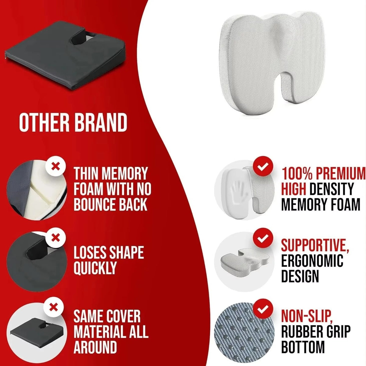 Memory Foam Orthopedic Seat Cushion Ergonomic Support For Pain Relief