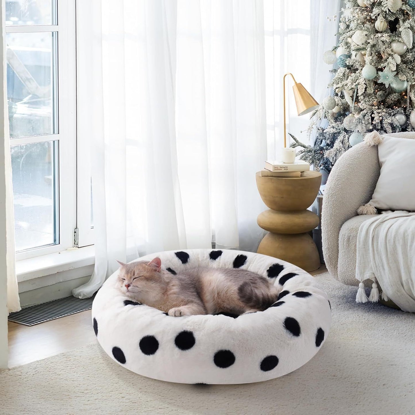 MEWOOFUN Donut Cat Bed For Indoor Cats - 23 Inch Round Washable Pet Bed With Non-Slip Bottom, Plush Fluffy Small Dog Bed For Puppies & Kittens, Black Dot 8942714224860-1