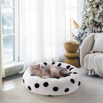 MEWOOFUN Donut Cat Bed For Indoor Cats - 23 Inch Round Washable Pet Bed With Non-Slip Bottom, Plush Fluffy Small Dog Bed For Puppies & Kittens, Black Dot 8942714224860-1