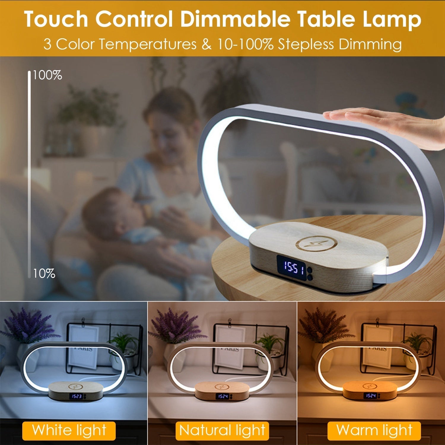 1 Set Bedside Table Lamp Touch Control Lamp With Clock Wireless Charging LED Desk Lamp Dimmable Nightstand Reading Lamp 9016083218652-1