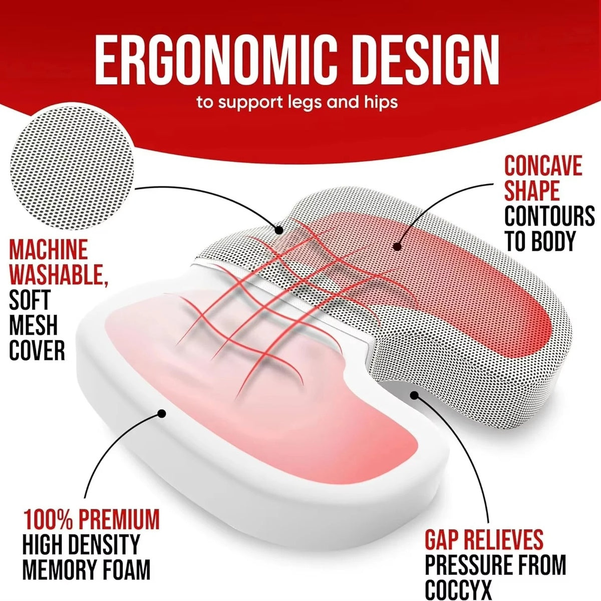 Memory Foam Orthopedic Seat Cushion Ergonomic Support For Pain Relief