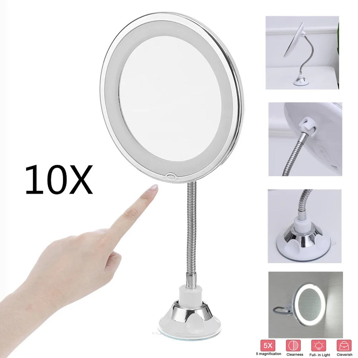 Flexible Gooseneck Makeup Mirror - 10X Magnifying Vanity Mirror with Suction Cup, 360 Degree Swivel, Daylight, Battery Operated, Cordless & Travel Mirror