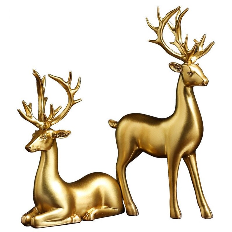 Golden Couple Deer Figurines Resin Animal Sculpture Home Decor Set 9599434490158-1