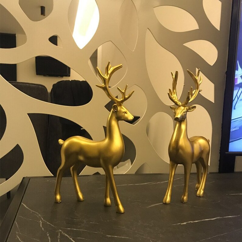 Golden Couple Deer Figurines Resin Animal Sculpture Home Decor Set 9599434490158-1