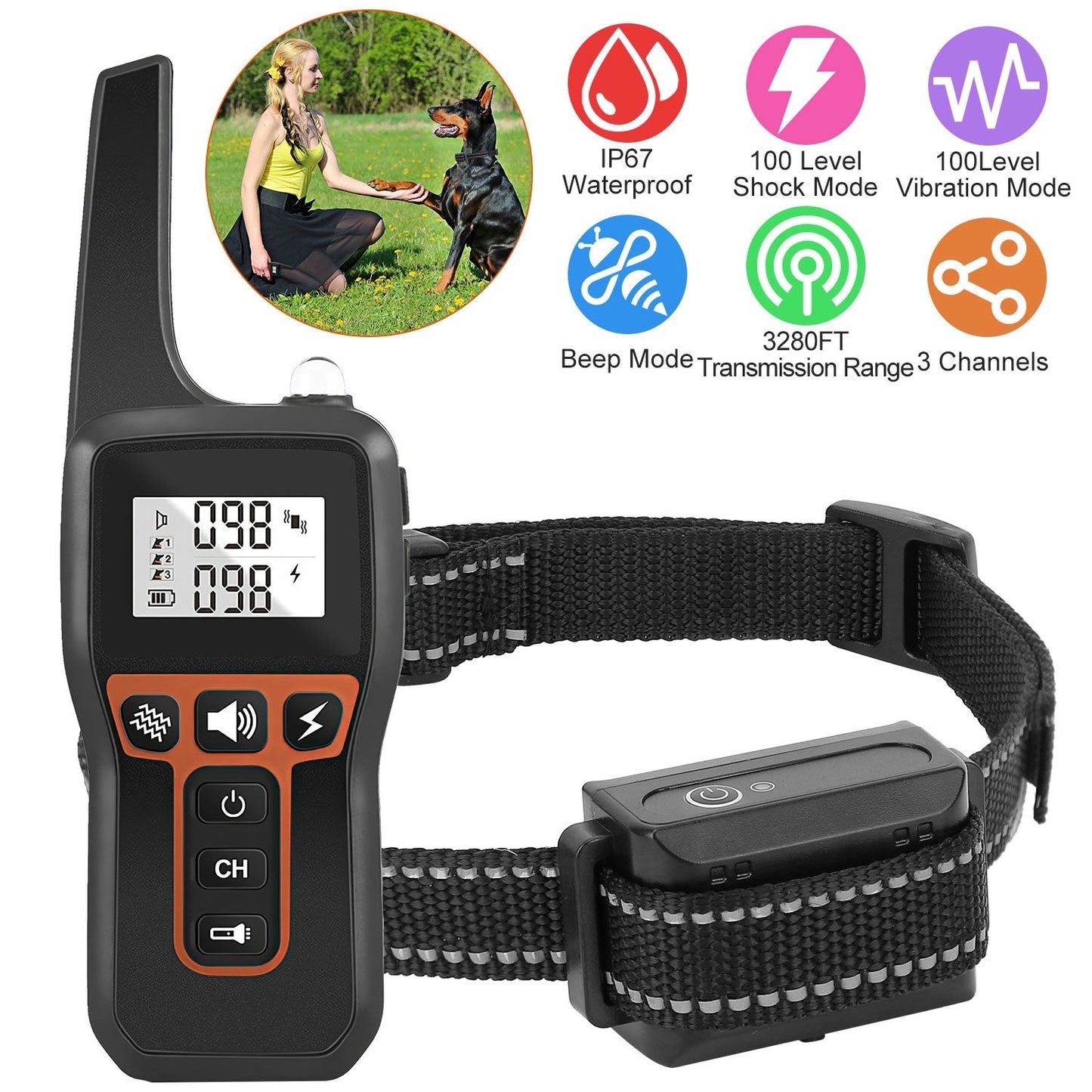 Train Collar OR Receiver Only Options - 3280FT Dog Training Collar IP67 Waterproof Pet Beep Vibration Electric Shock Collar 3 Channels Rechargeable Transmitter Receiver Trainer With Flashlight 9065885991132-1