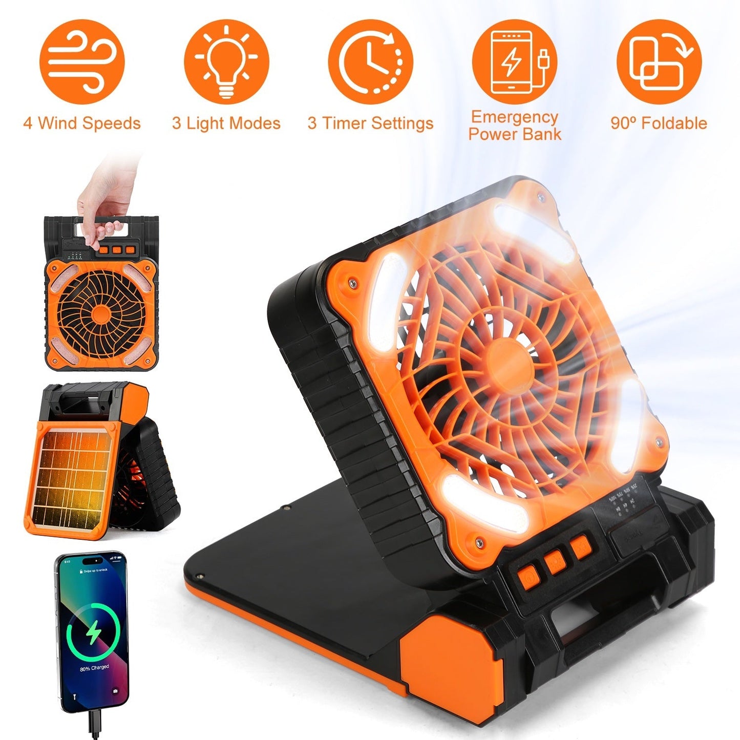1Pc Solar Camping Fan With LED Lantern 5200mAh Rechargeable Battery Operated Portable Fan With Emergency Power Bank 4 Wind Speeds 3 Light Modes 3 Timers For Hiking Fishing Travel 9004234899676-1