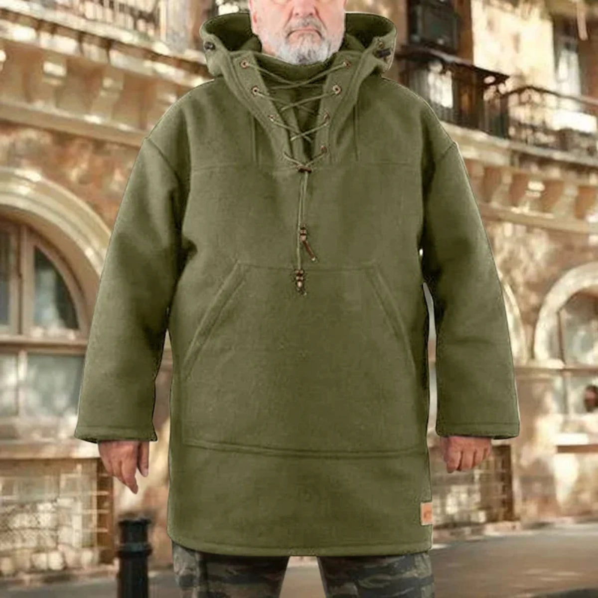Men’s Wool Outdoor Jacket - Storm-Ready Insulated Anorak with Hood & Kangaroo Pocket